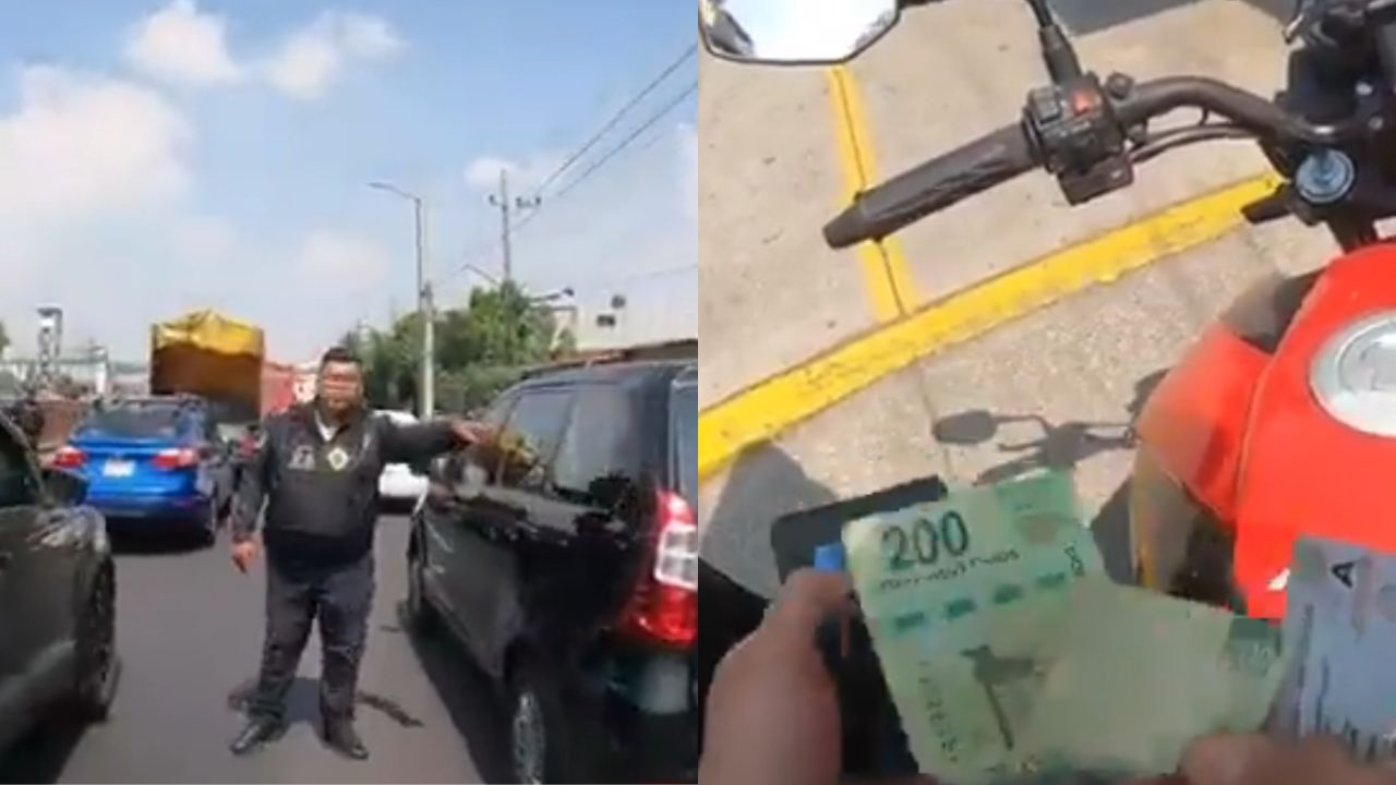 Oficial de la SSC es captado pidiendo mordida a motociclista que invadió el carril confinado del Mexibús, Línea 3