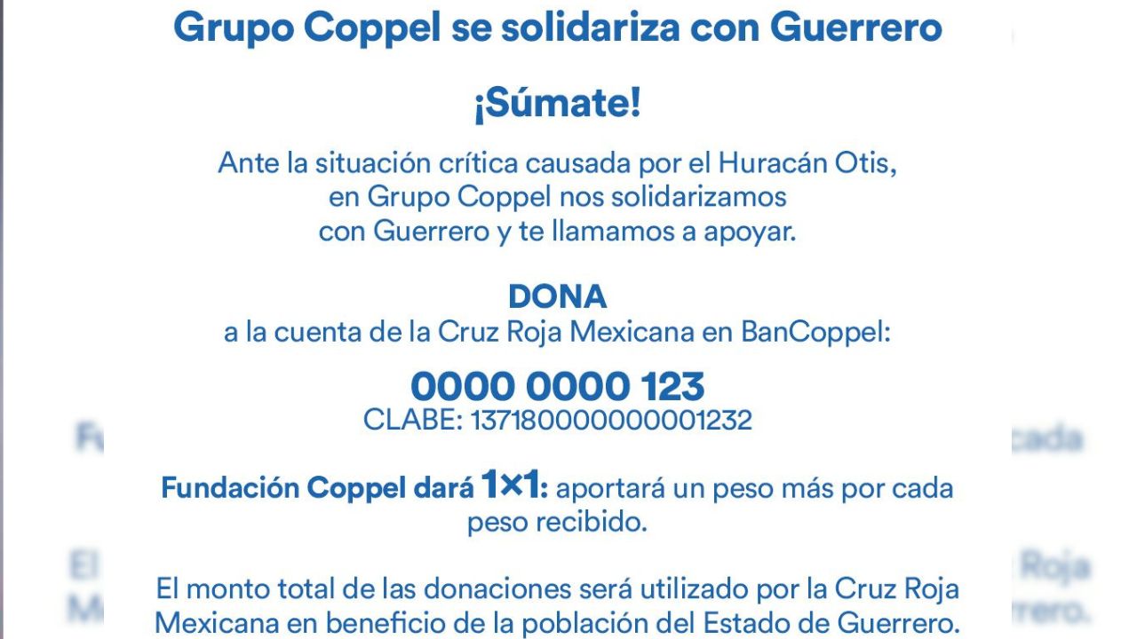 Desde ayer se habilitó la cuenta 0000 0000 123 de BanCoppel, a nombre de la Cruz Roja