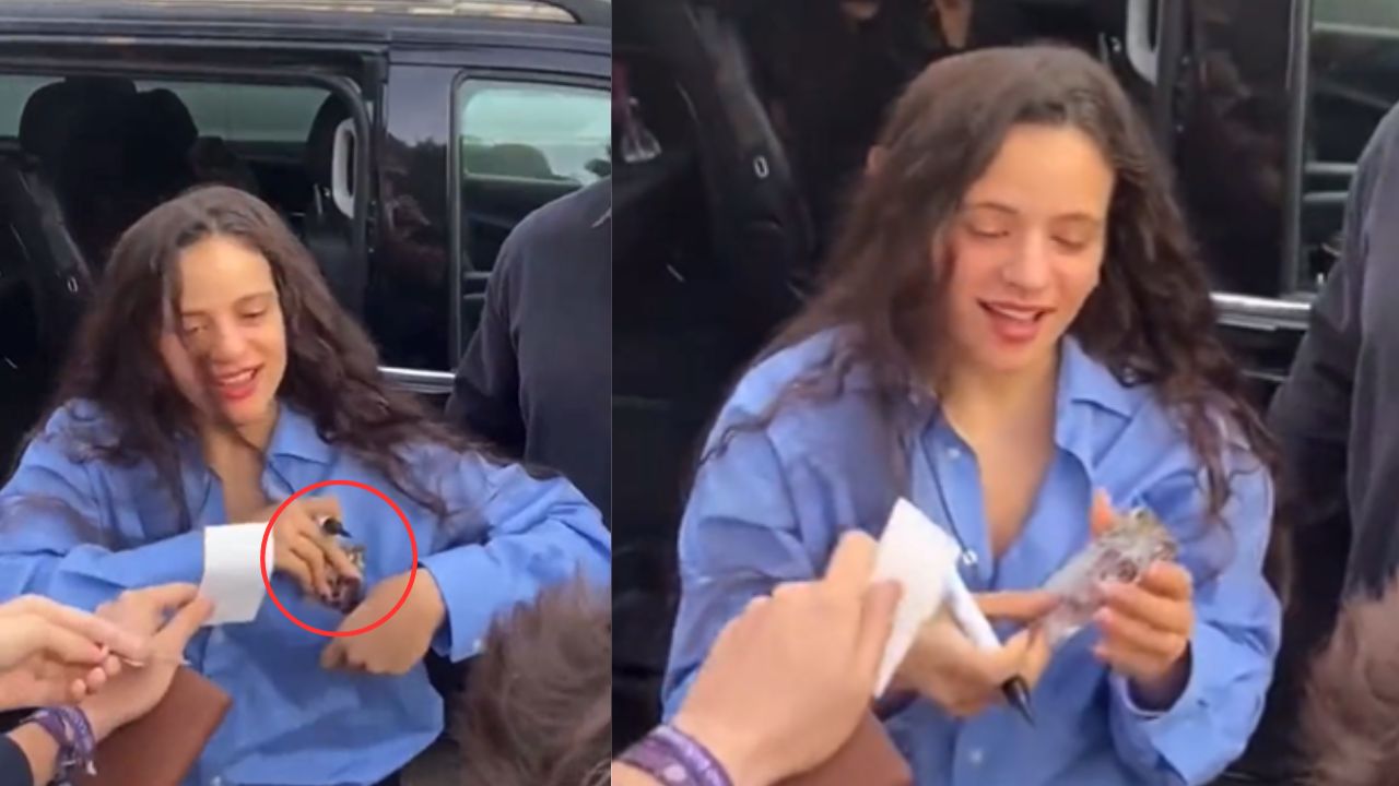 Rosalía recibe y guarda estampitas religiosas que fans sevillanos le dan para la buena suerte en los Latin Grammy