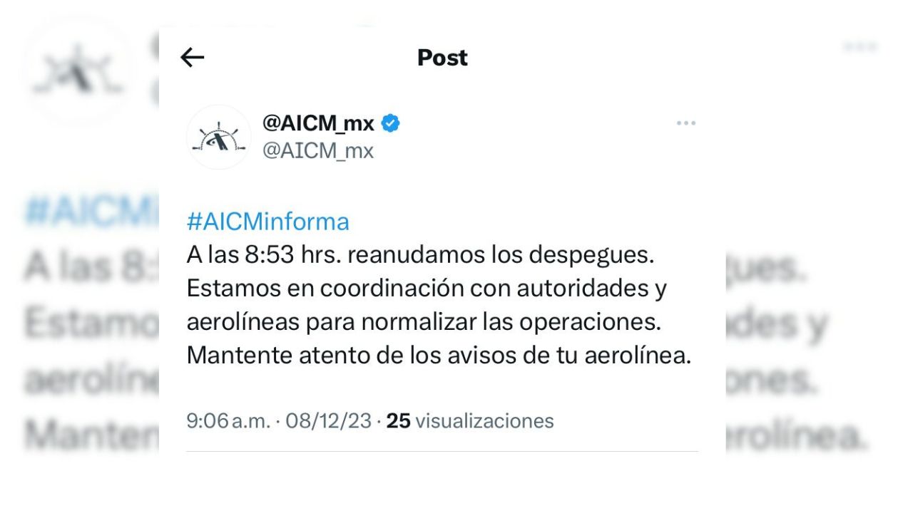 El Aeropuerto Internacional de la Ciudad de México informó que reanudaron los despegues luego de cerrar operaciones por niebla