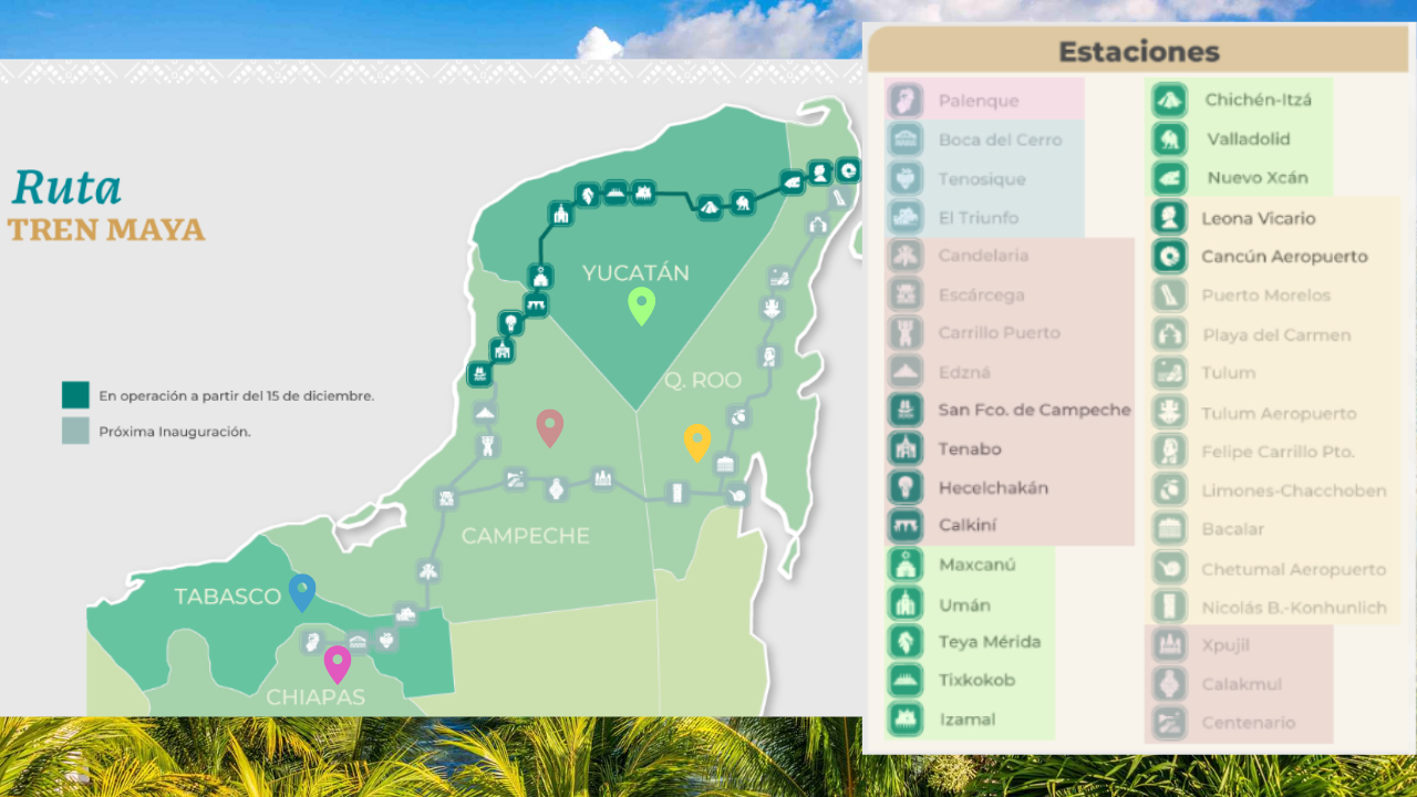 Estas serán todas las estaciones y logos del Tren Maya