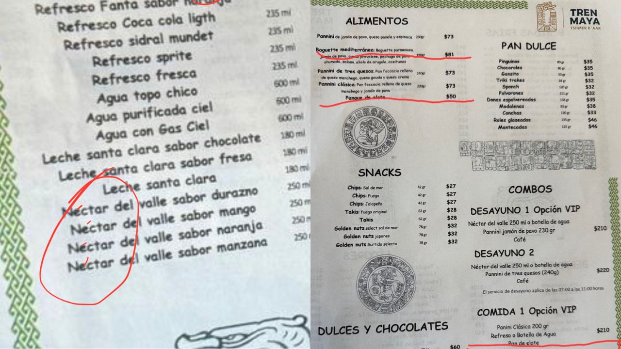 Exhiben menú del Tren Maya por supuestamente estar caro, faltas de ortografía y vender solo snacks