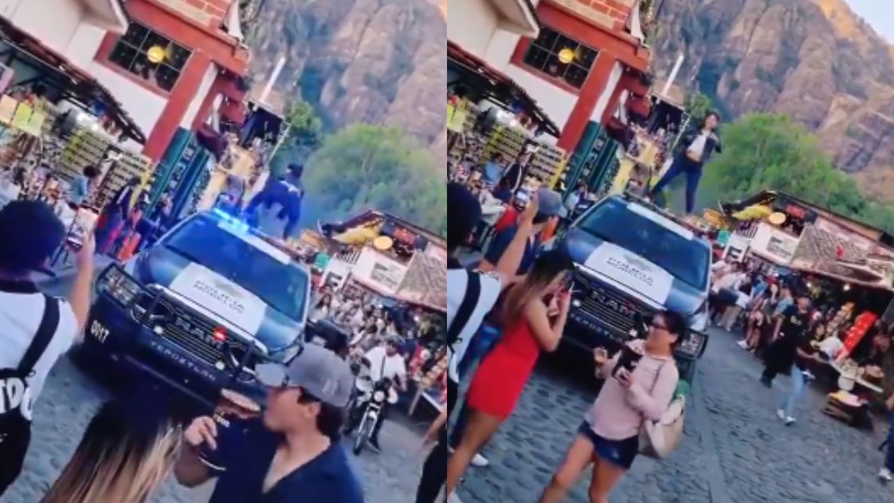 Foto:Captura de pantalla|VIDEO: Tunden a mujer por bailar encima de una patrulla en Tepoztlán