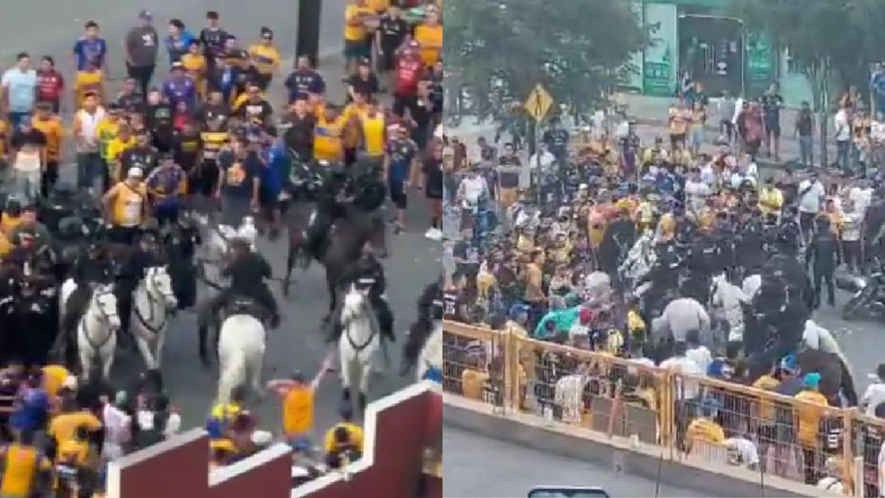 Barristas de Tigres y policías -algunos montados en caballos- se enfrentan en las afueras del "Volcán"