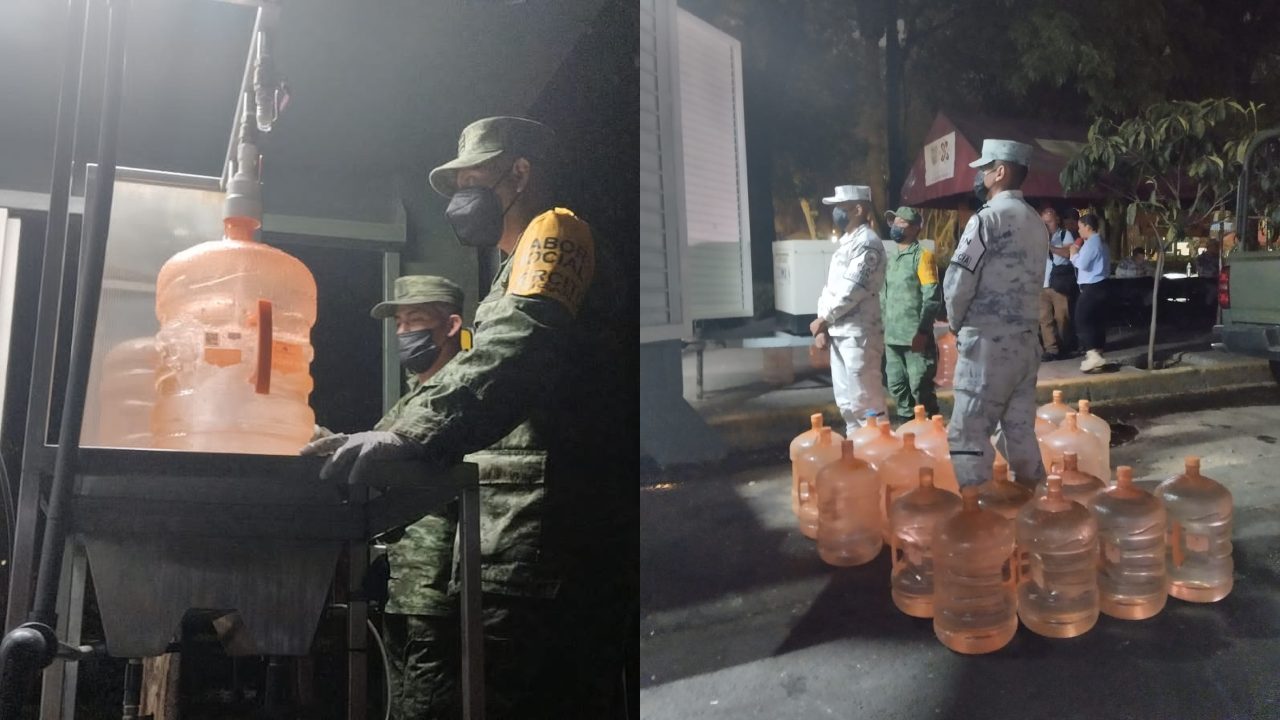 Elementos del Ejército llegaron al Parque San Lorenzo para apoyar con el llenado de garrafones a las y los vecinos de la Benito Juárez