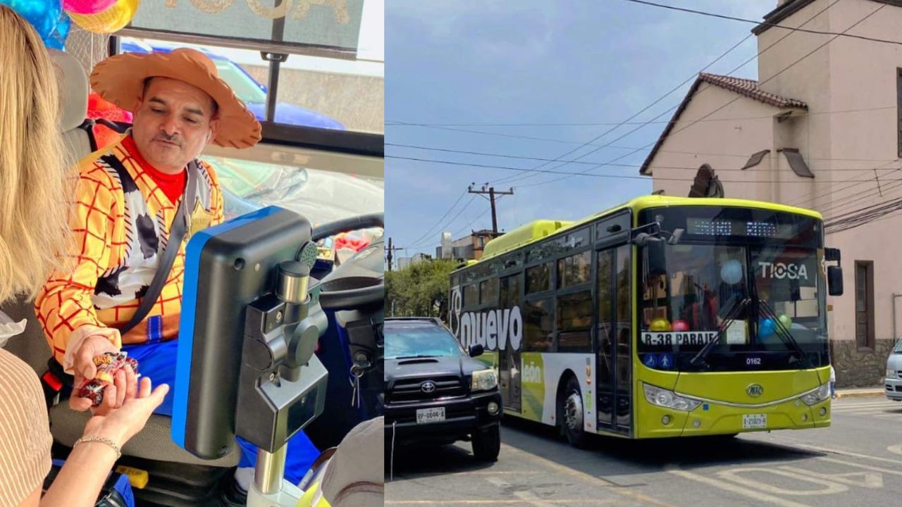 Edgar Díaz, chofer de Ruta 38 se viste de Woody de Toy Story y adorna camión para celebrar el Día del Niño en Monterrey