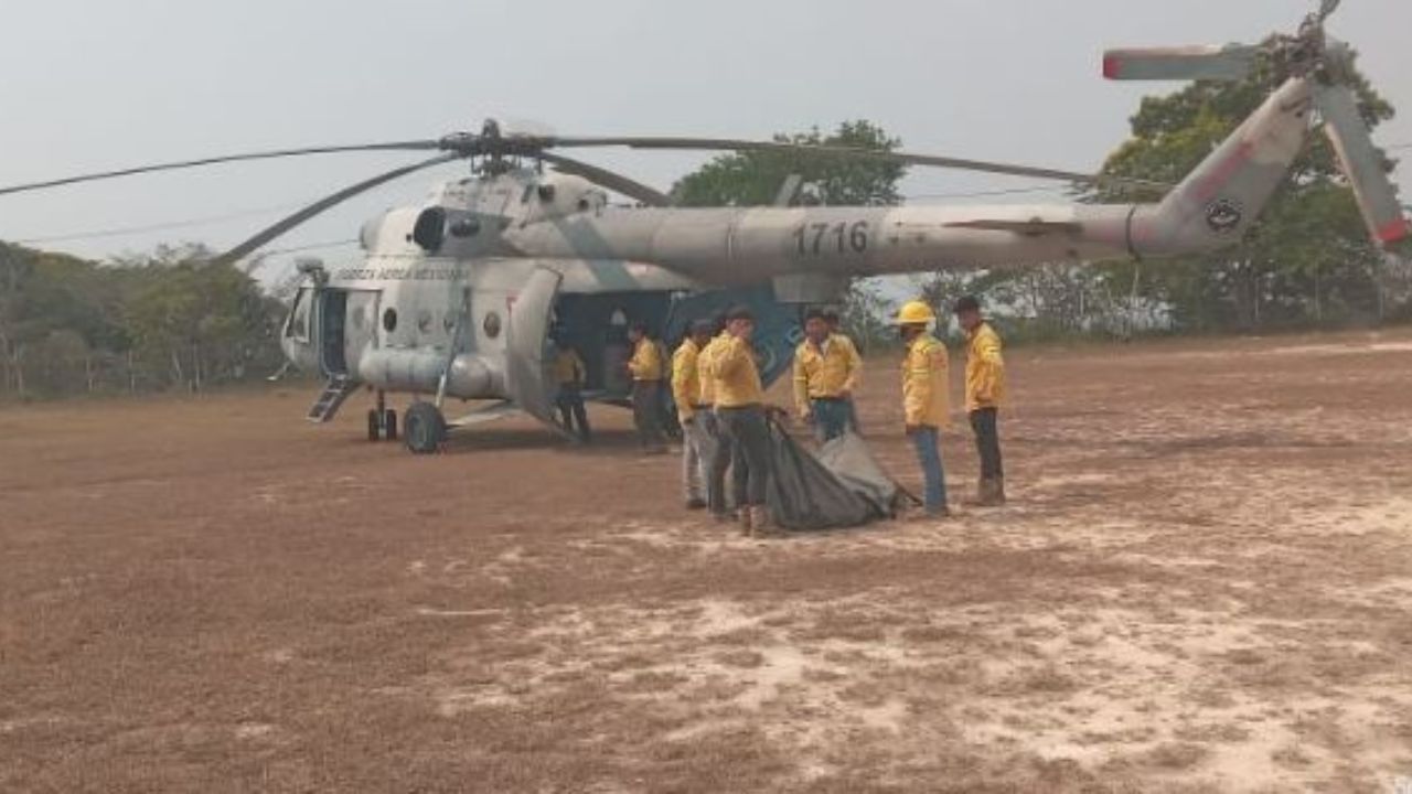 SEDENA. La aeronave es un MI-17, la cual es utilizada para transportar personal y llevar agua a los siniestros.