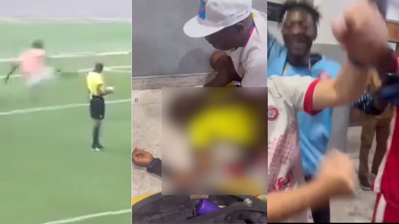 Hinchas dan golpiza a árbitro del Congo y jugadores del equipo ganador celebran a un costado del herido