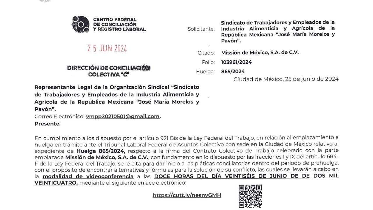 Centro Federal de Conciliación y Registro Laboral citó a una primera audiencia virtual a directivos de la empacadora Mission en Uruapan y al Sindicato “José María Morelos y Pavón”