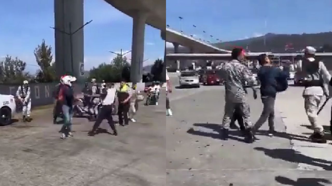 Biker y elementos de la Guardia Nacional protagonizan pelea en la caseta de la autopista México-Cuernavaca