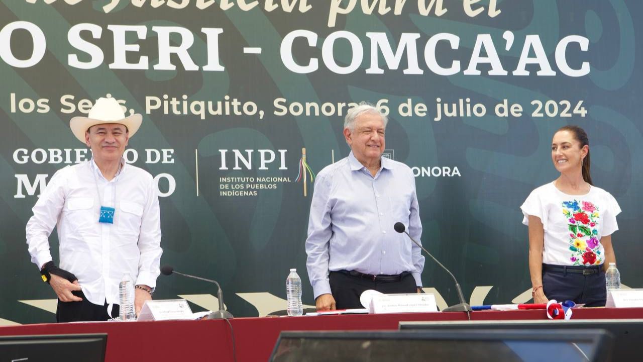 Presiden Gobernador Durazo, presidente López Obrador y presidenta electa Sheinbaum continuidad de restitución de derechos a comunidad Seri