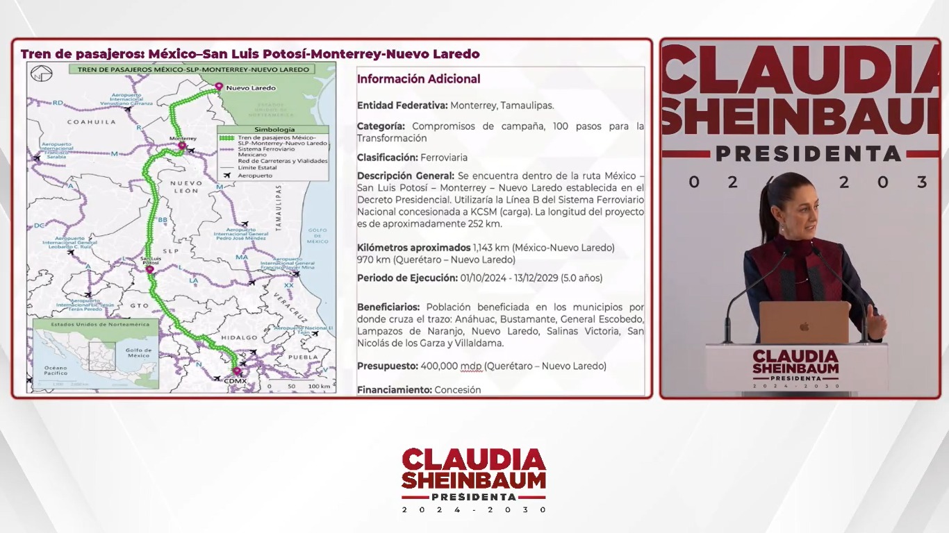 Claudia Sheinbaum presentó el proyecto del Tren de pasajeros que correrá de Ciudad de México hasta Nuevo Laredo, Tamaulipas.