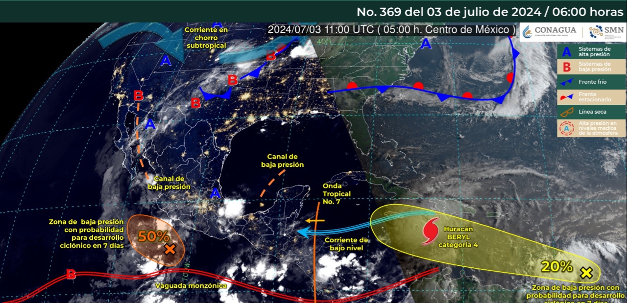 Foto: conagua_clima/La siguiente imagen interpretada del SMN se emitirá el día 03 de julio a las 18:00 horas (tiempo del centro de México), o antes, si ocurre algún cambio significativo.