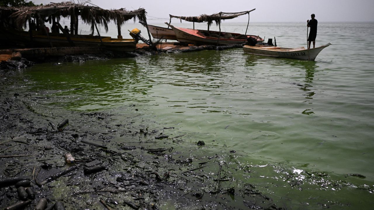 Una gran mancha negra de petróleo sobre aguas color té verde salpicadas de gotas de gasolina: no es una obra de arte abstracto