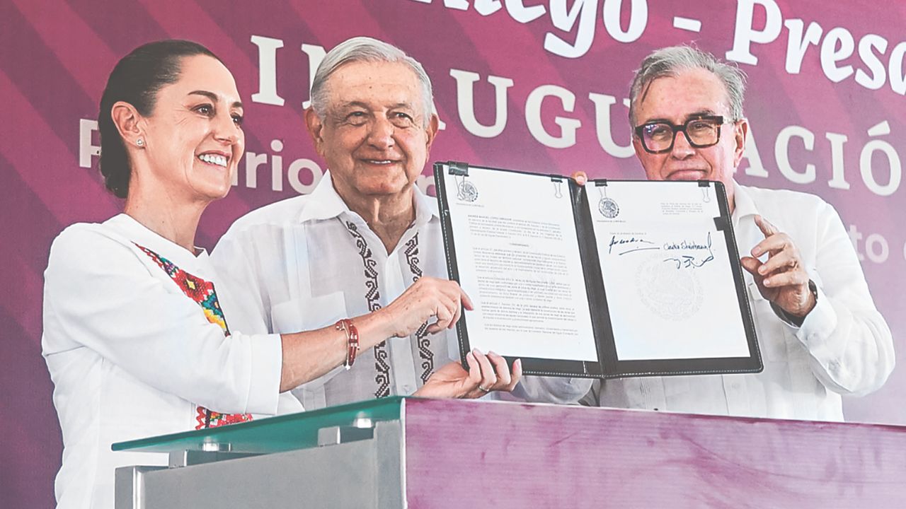 Gira. Claudia Sheinbaum, acompañó al presidente López Obrador durante la inauguración del distrito de riego de la presa “Picachos” en Sinaloa, este domingo. 