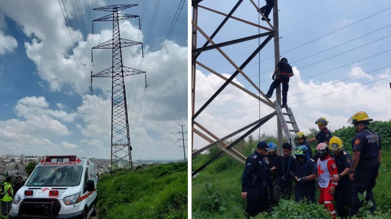 Cuerpos de emergencia rescataron a un joven que escaló a la parte alta de una torre de tensión en el municipio de Atizapán de Zaragoza.