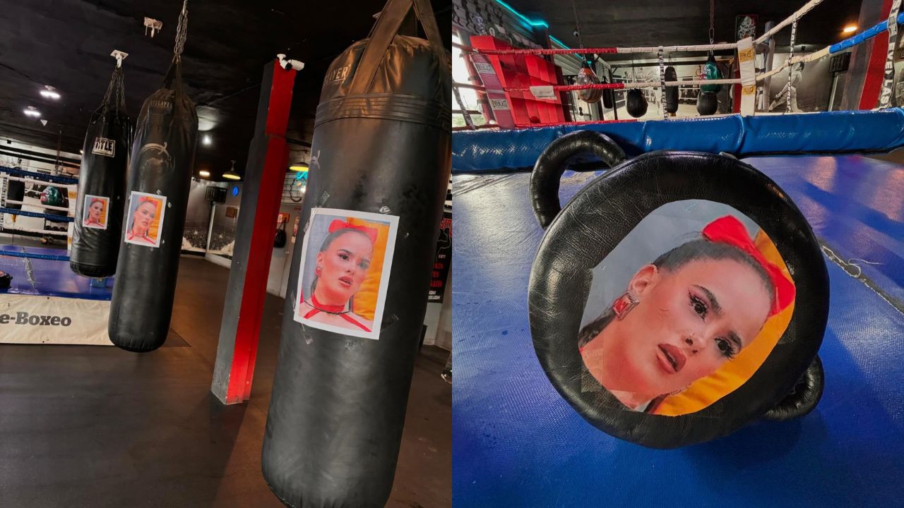 Colocan fotos de Gala Montes en sacos de box de un gimnasio en Nuevo León