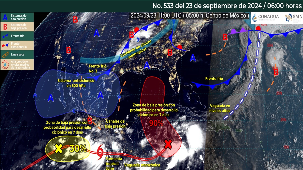 Foto: X@conagua_clima/ Sistemas Meteorológicos Actuales 213 de septiembre de 2024, 6:00 h