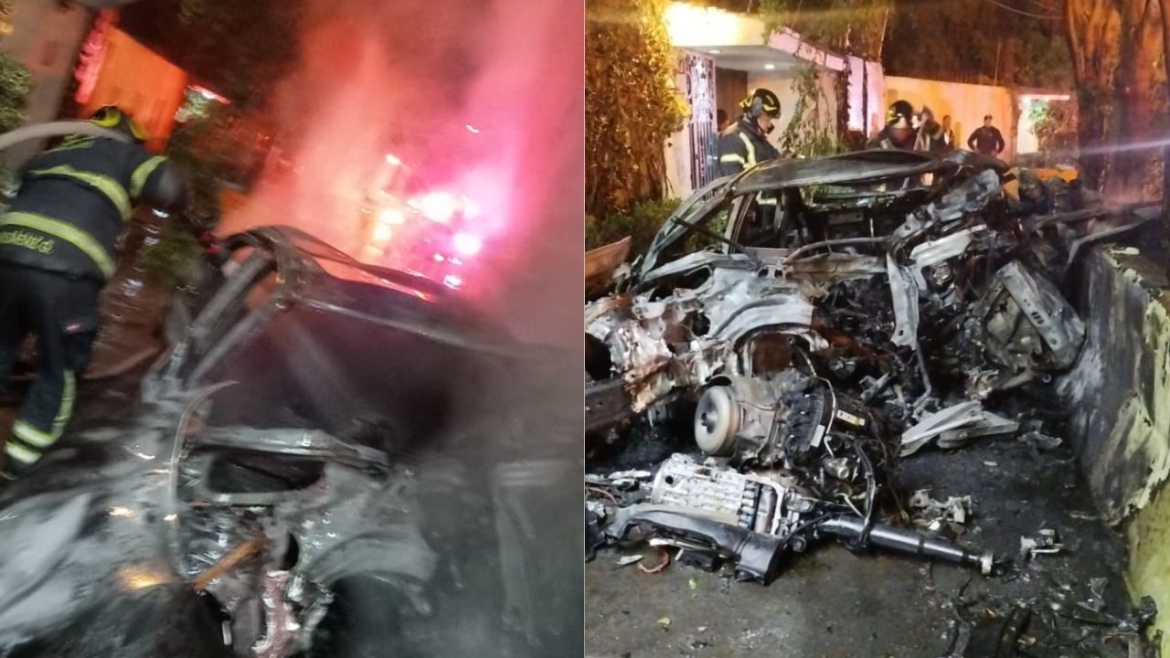 Bomberos realizaron maniobras para retirar la camioneta BMW que fue incendiada