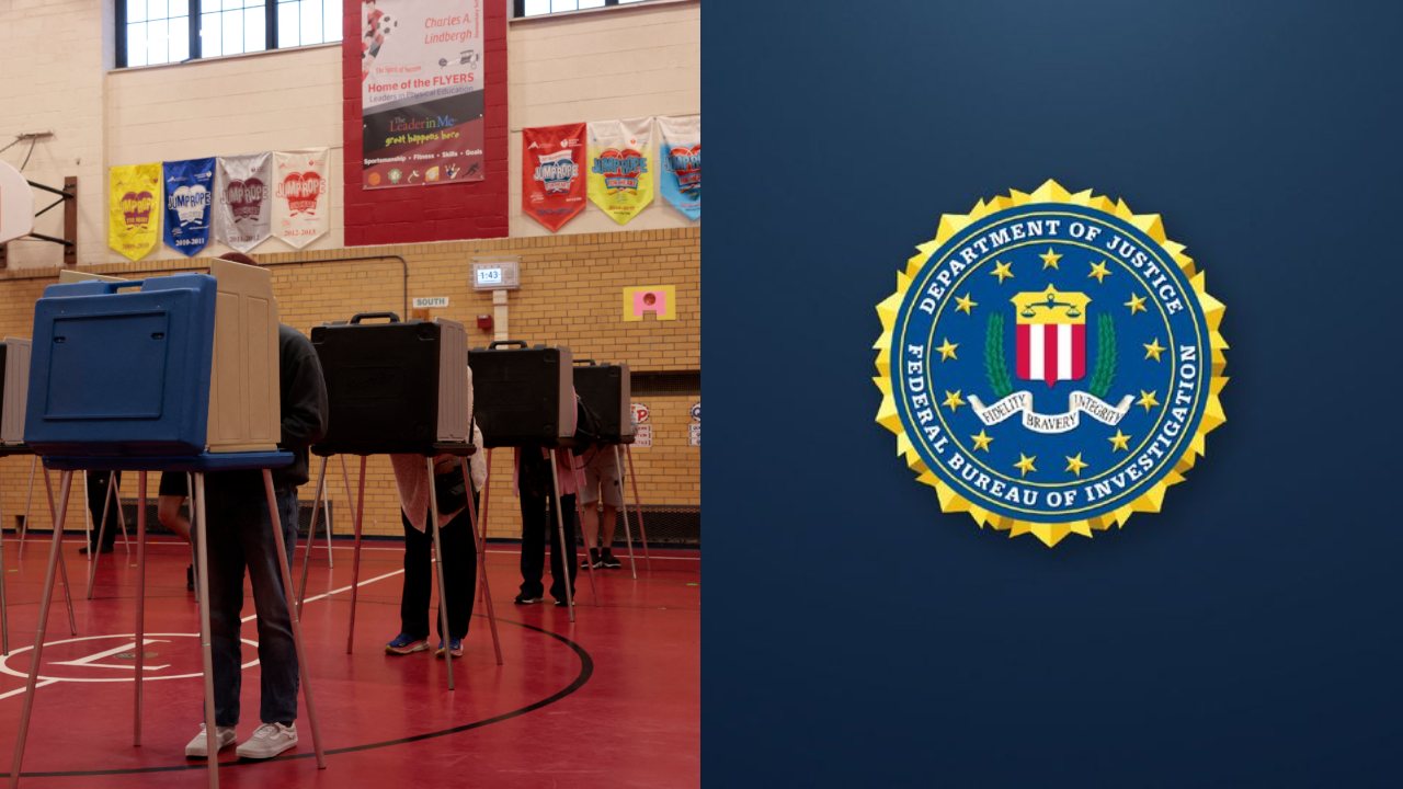 Casillas en las que electores votan para elegir presidente o presidenta de Estados Unidos a lado del logo de la FBI