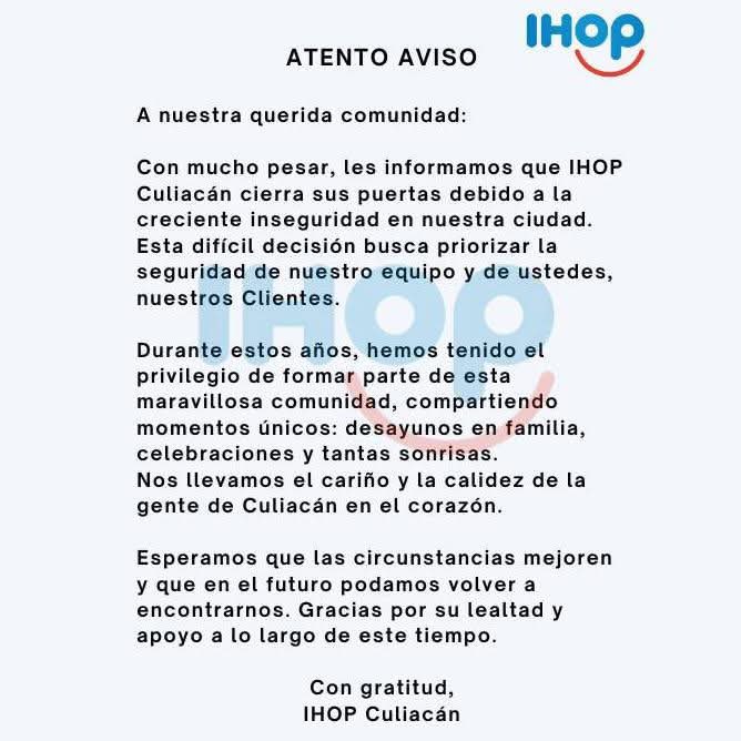 Comunicado oficial de IHOP difundido en redes sociales.