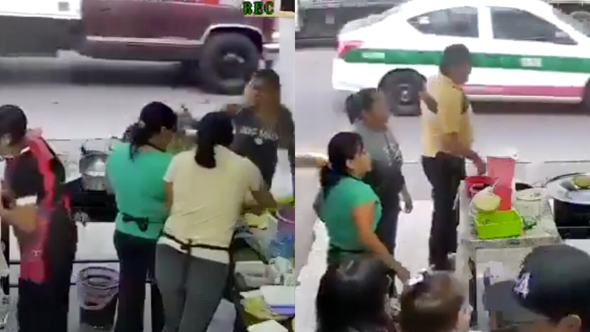 En el video grabado por una cámara de seguridad una mujer es quemada con el aceite hirviendo de un cazo.