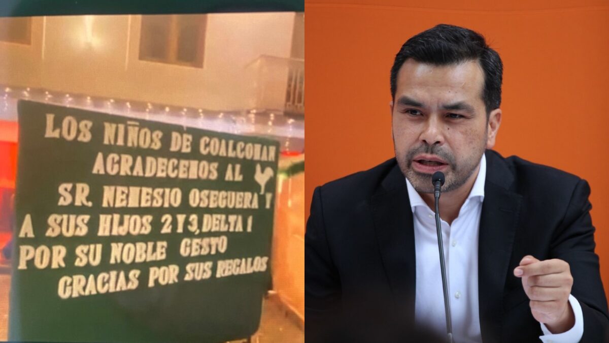 Jorge Álvarez Máynez en conferencia de prensa y a un lado el agradecimiento que se le realizó a "El Mencho" en Coalcomán, Michoacán.