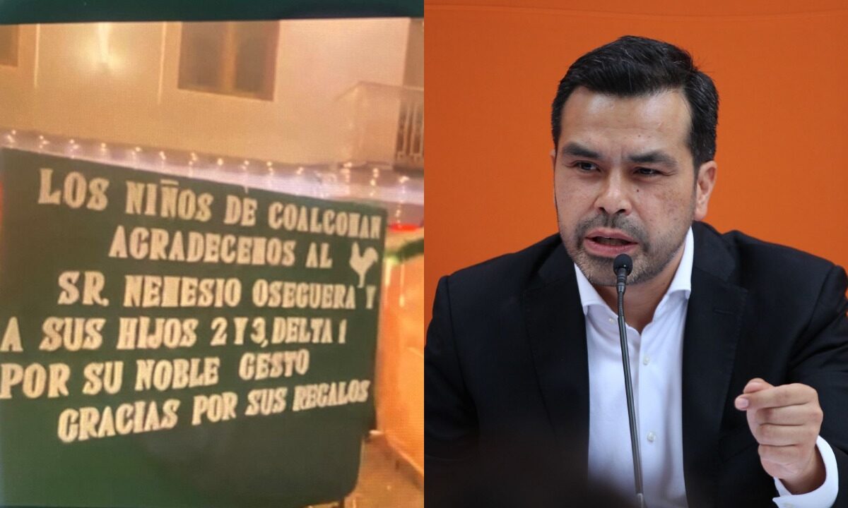 Jorge Álvarez Máynez en conferencia de prensa y a un lado el agradecimiento que se le realizó a "El Mencho" en Coalcomán, Michoacán.