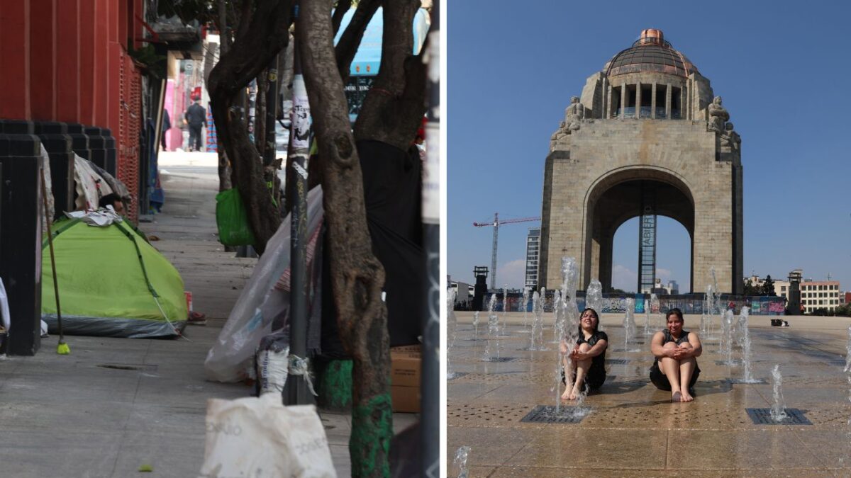 En el Monumento a la Revolución se aprecia a personas que se divierten en familia, pero en calles aledañas proliferan campamentos de gente en situación vulnerable y basura.