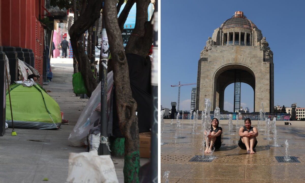 En el Monumento a la Revolución se aprecia a personas que se divierten en familia, pero en calles aledañas proliferan campamentos de gente en situación vulnerable y basura.