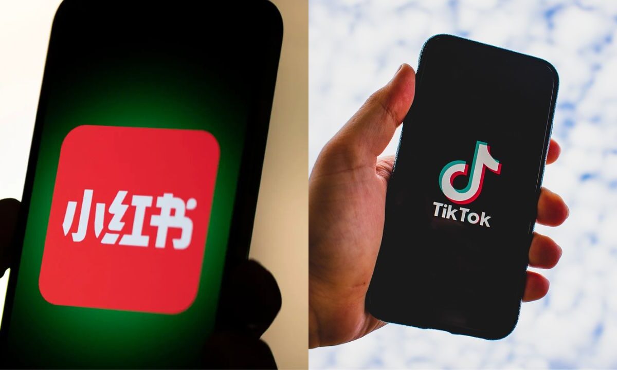 Logo de RedNote y de TikTok en celular en mano.