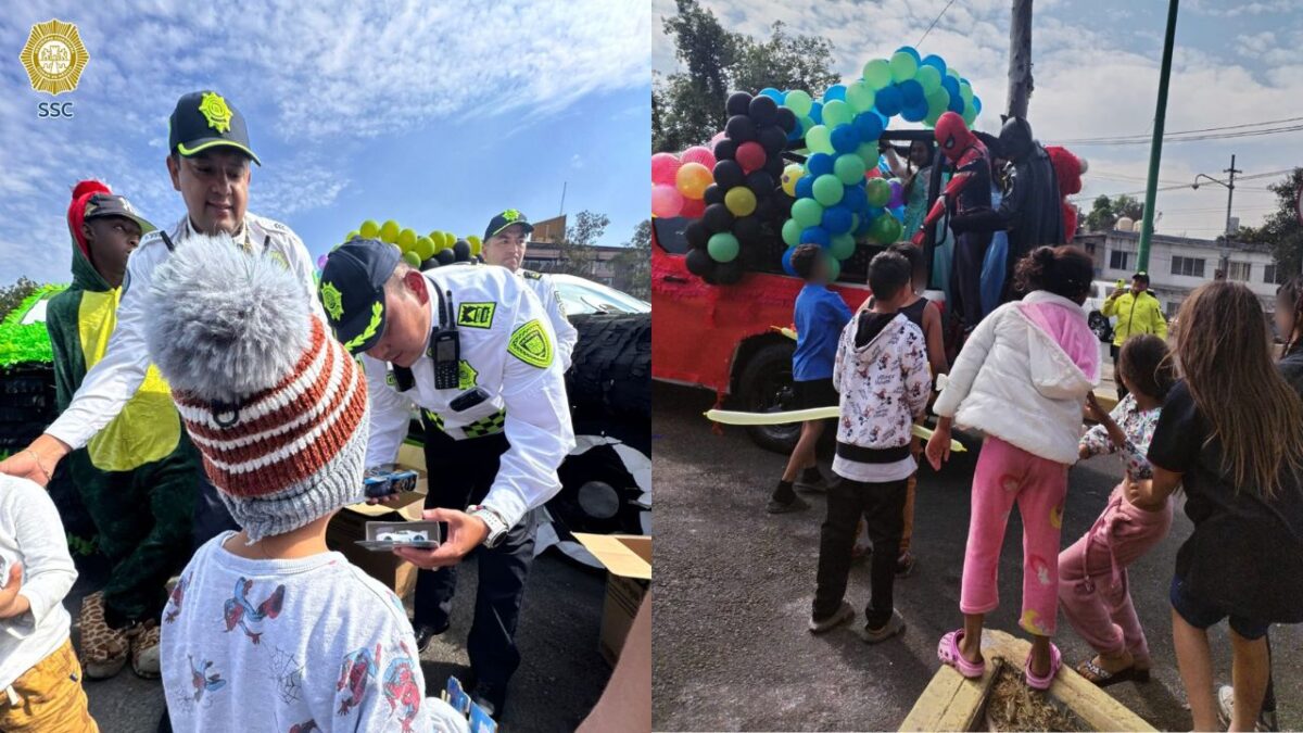 Policías de tránsito reparten juguetes a niños en situación vulnerable en el Día de los Reyes Magos.