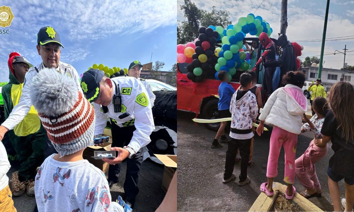 Policías de tránsito reparten juguetes a niños en situación vulnerable en el Día de los Reyes Magos.