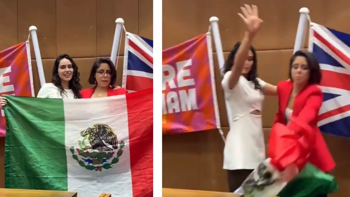 Elsa García durante la ceremonia de su hermana, tras lanzar la bandera de México.