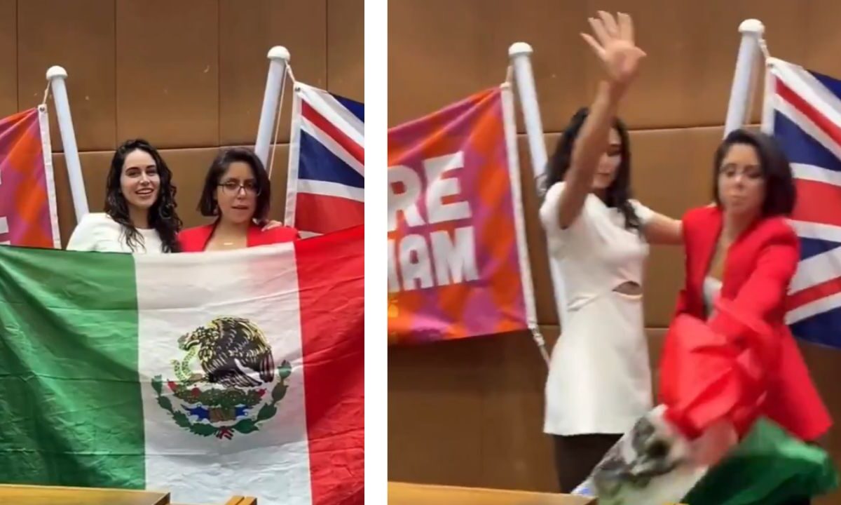 Elsa García durante la ceremonia de su hermana, tras lanzar la bandera de México.