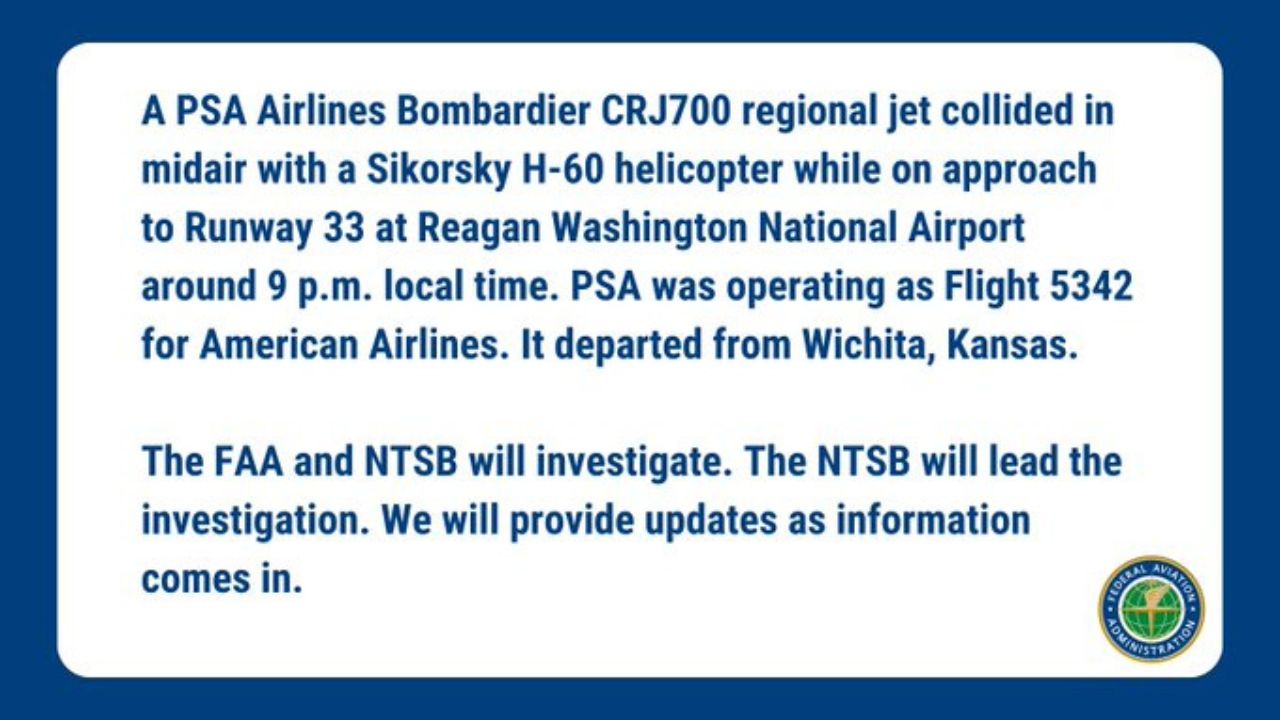 Administración Federal de Aviación de Estados Unidos (FAA) confirma accidente aéreo en Washington D.C.