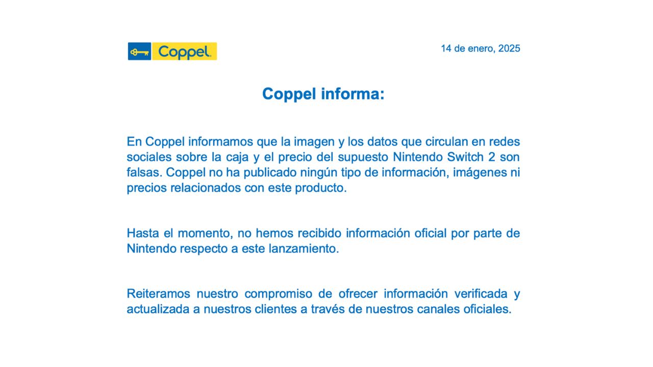 Comunicado de Coppel sobre Nintendo Switch 2.