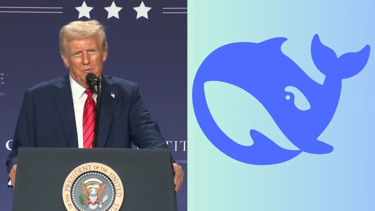 Donald Trump, presidente de EU, y el logo de DeepSeek.