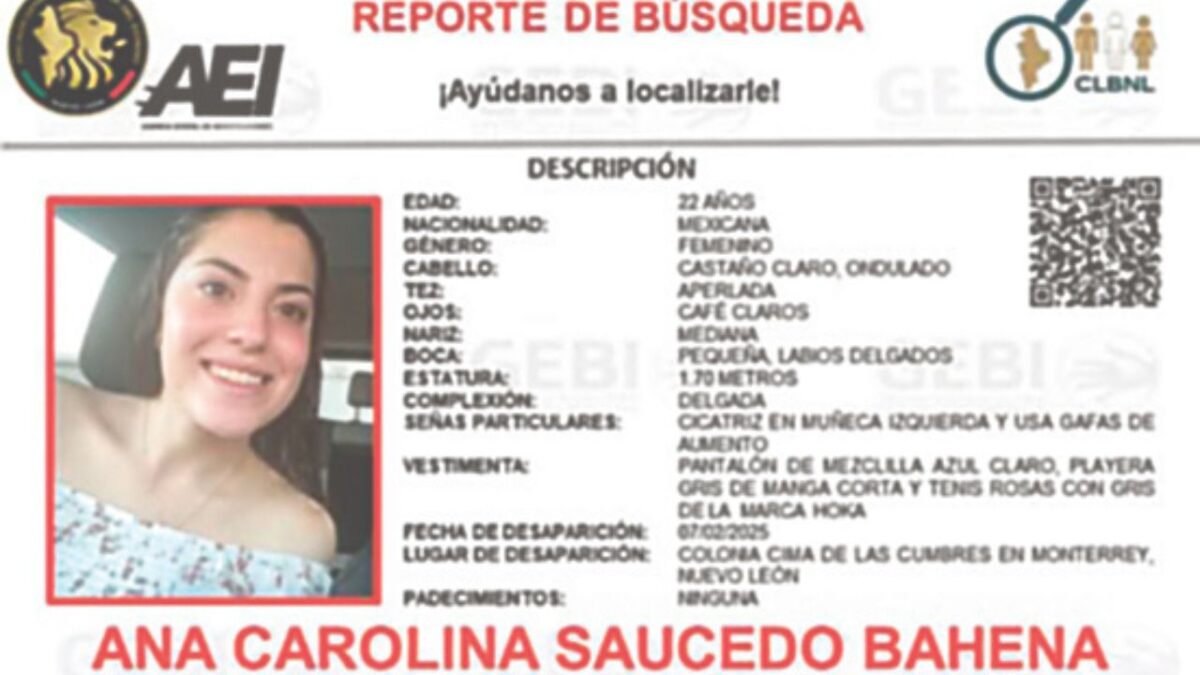 Buscan a joven desaparecida Ana Carolina por aire y tierra 