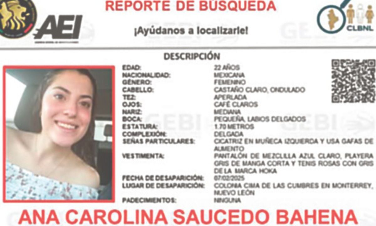 Buscan a joven desaparecida Ana Carolina por aire y tierra 