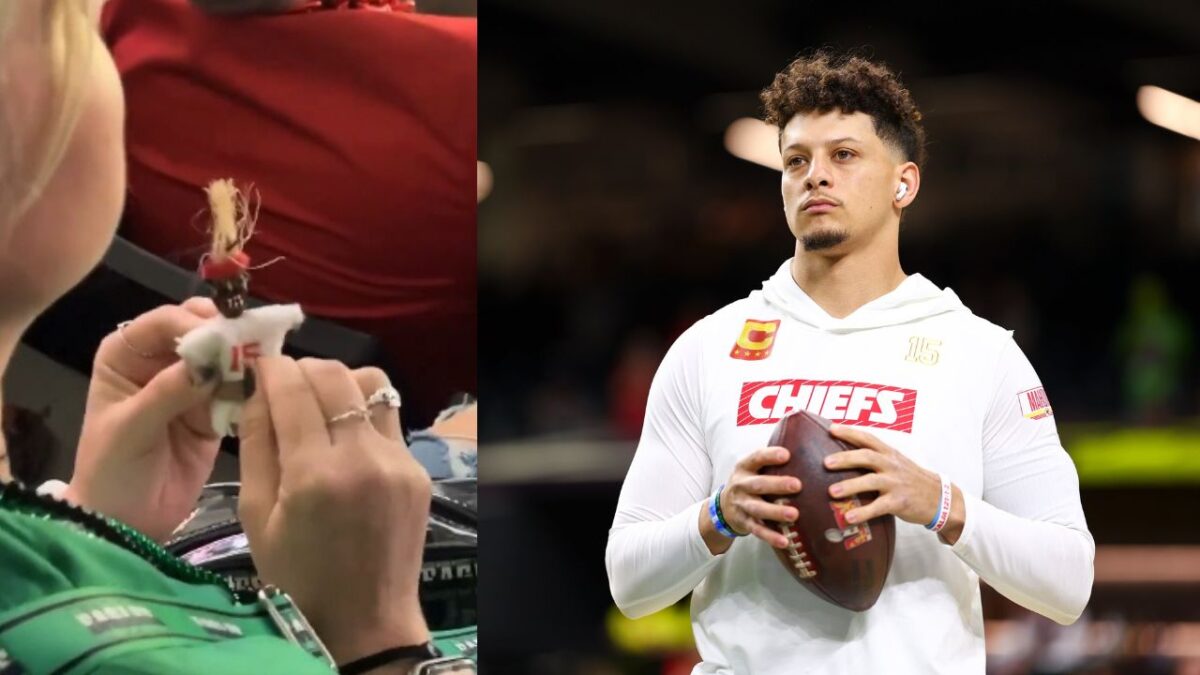 Una mujer fue captada haciendo vudú con un muñeco vestido con un jersey con el número 15 de Patrick Mahomes durante el Super Bowl.