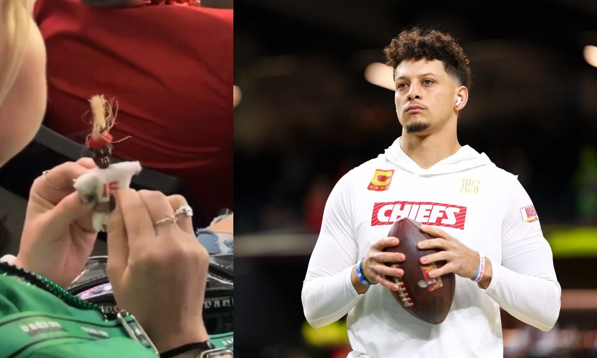 Una mujer fue captada haciendo vudú con un muñeco vestido con un jersey con el número 15 de Patrick Mahomes durante el Super Bowl.