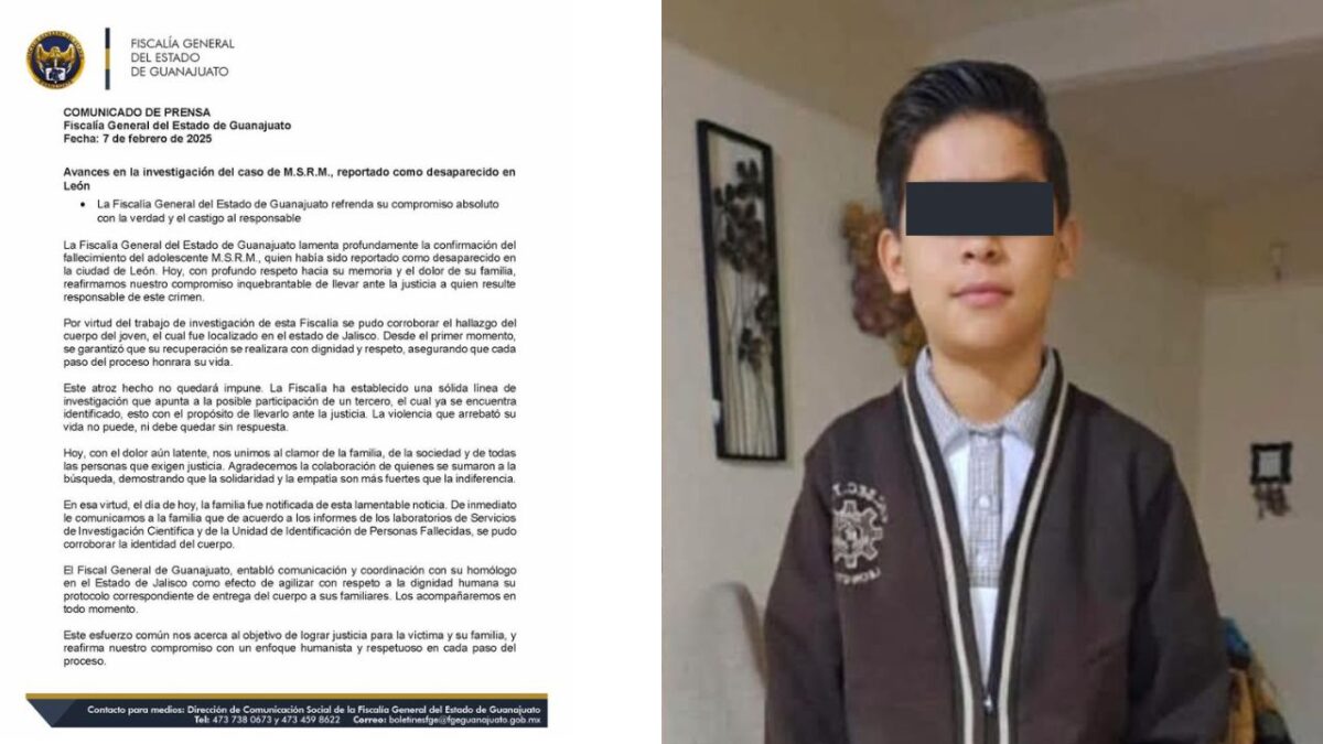 Tras tres días de búsqueda, la FGE de Guanajuato informó sobre el hallazgo, en Jalisco, del cuerpo sin vida de Mateo Santiago "N" de 12 años.