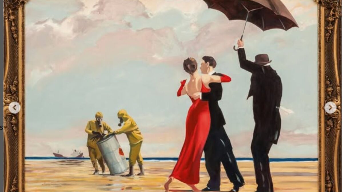 Una pintura de Banksy, inspirada en un famoso lienzo del recientemente fallecido pintor escocés Jack Vettriano