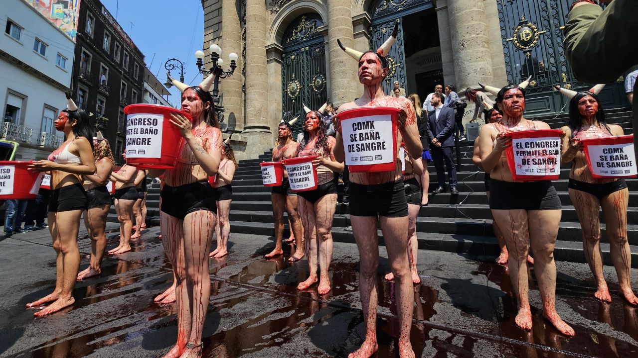 usando sangre falsa y pintura roja, activistas se manifestaron en el congreso capitalino