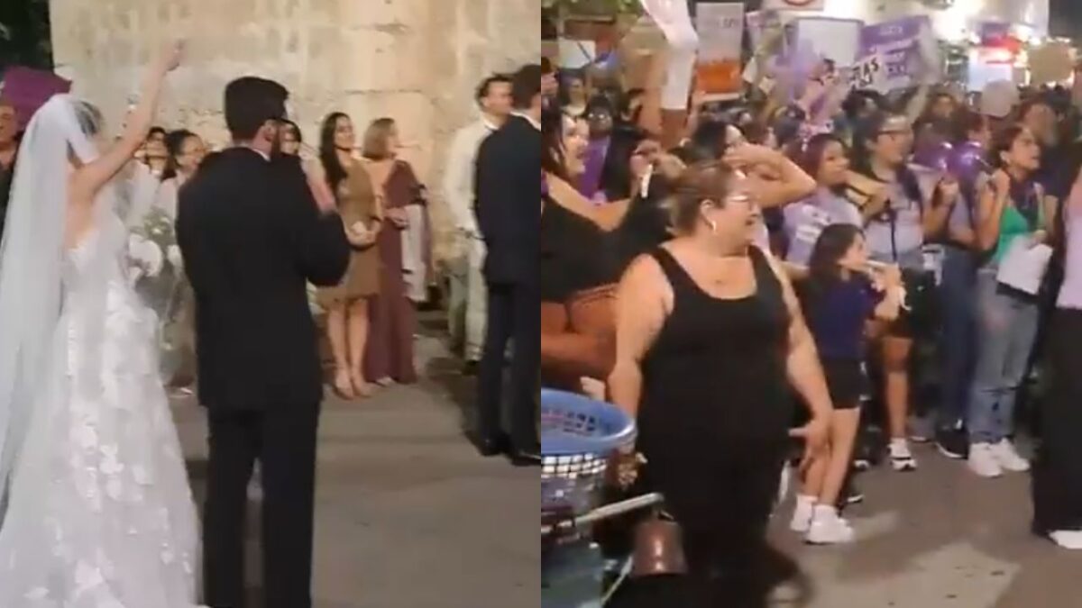 Marcha del 8M y boda en Mérida coinciden; protestantes piden al novio proteger a la novia.