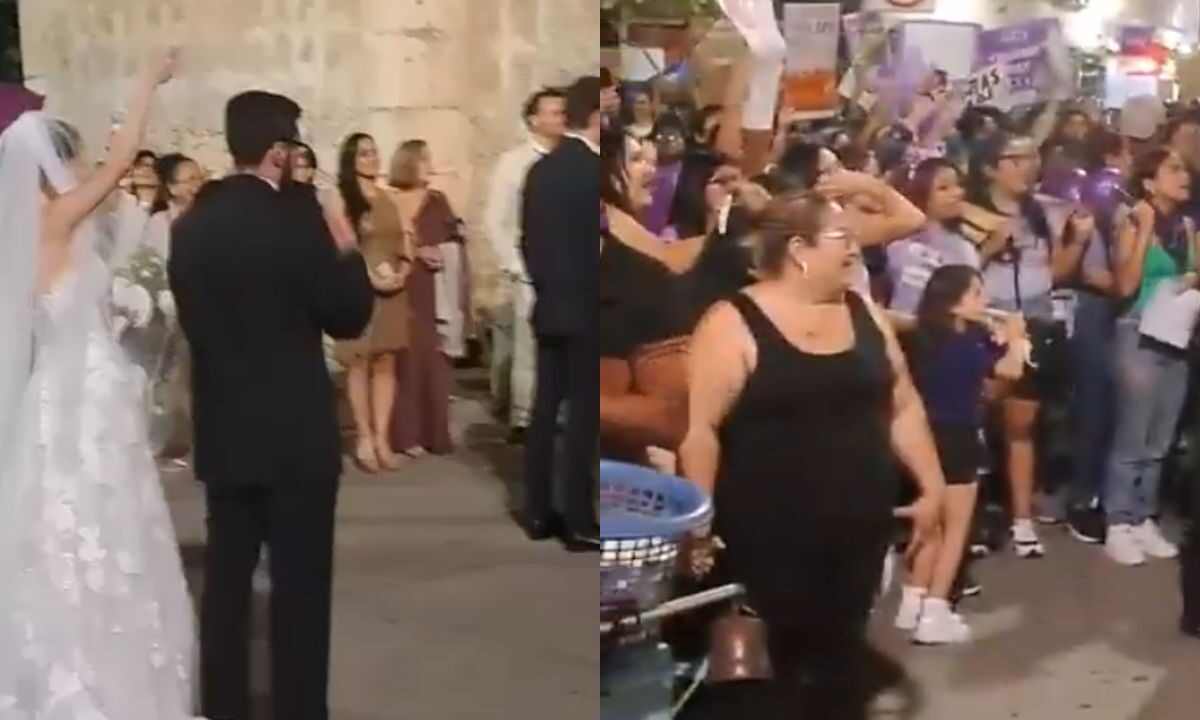 Marcha del 8M y boda en Mérida coinciden; protestantes piden al novio proteger a la novia.