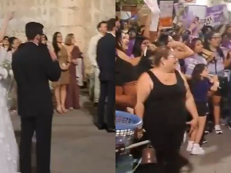 “¡Cuídala!”: Mujeres al novio de una boda en plena marcha del 8M en Mérida