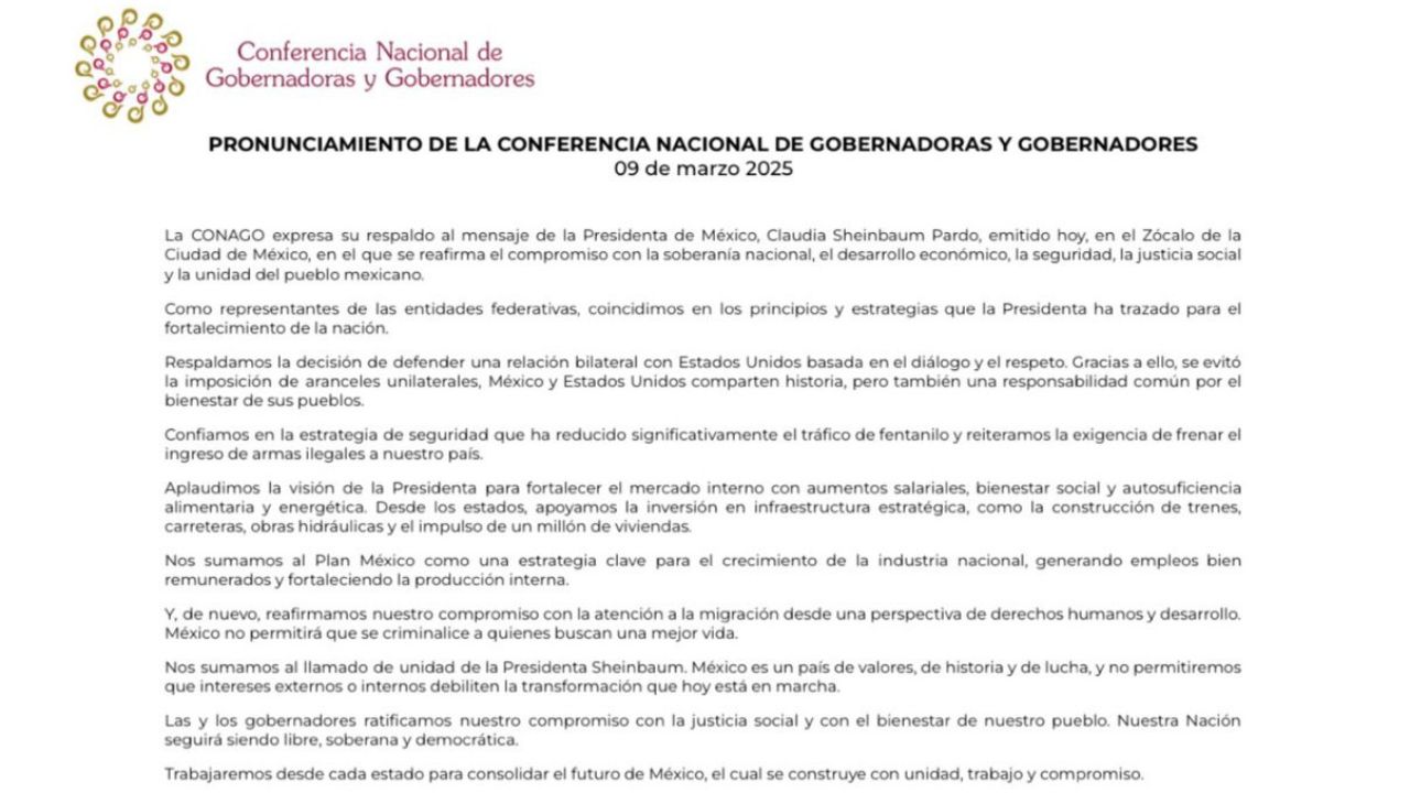 comunicado de los gobernadores respaldando a la presidenta