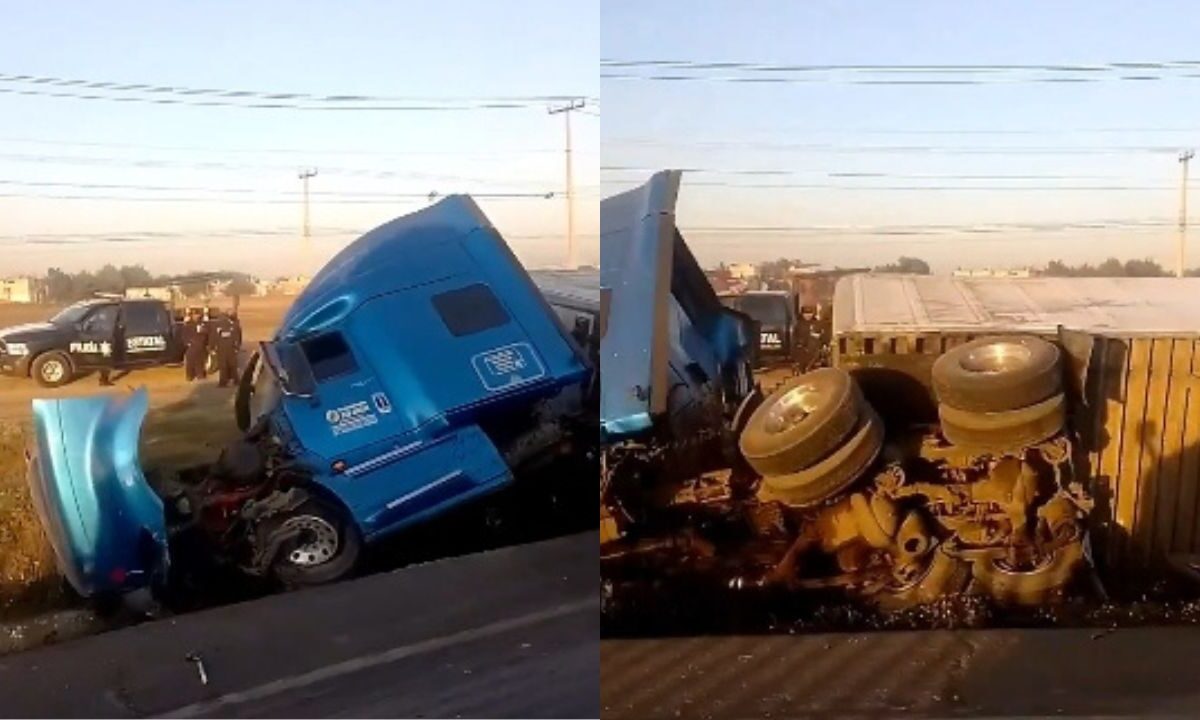 Un tráiler quedó volcado en una zanja, en el kilómetro 26 del Circuito Exterior Mexiquense, causando afectación a la circulación en la zona.